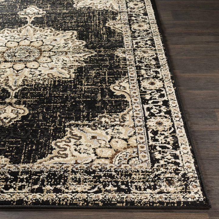 Lostwithiel Black And Beige Traditional Medallion Design Area Rug