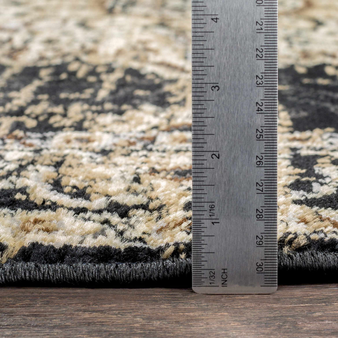 Lostwithiel Black And Beige Traditional Medallion Design Area Rug