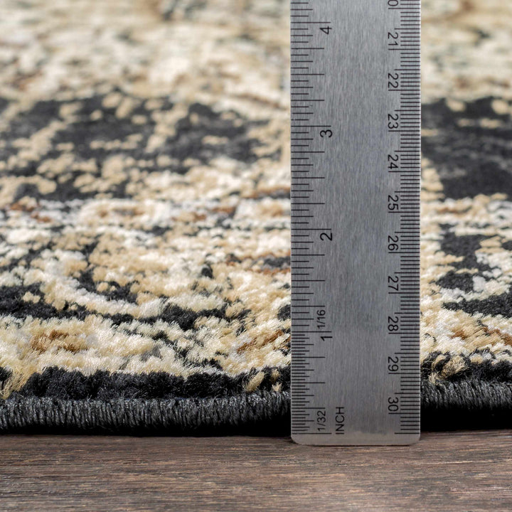 Lostwithiel Black And Beige Traditional Medallion Design Area Rug