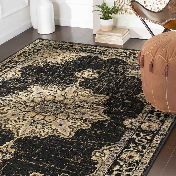 Lostwithiel Black And Beige Traditional Medallion Design Area Rug