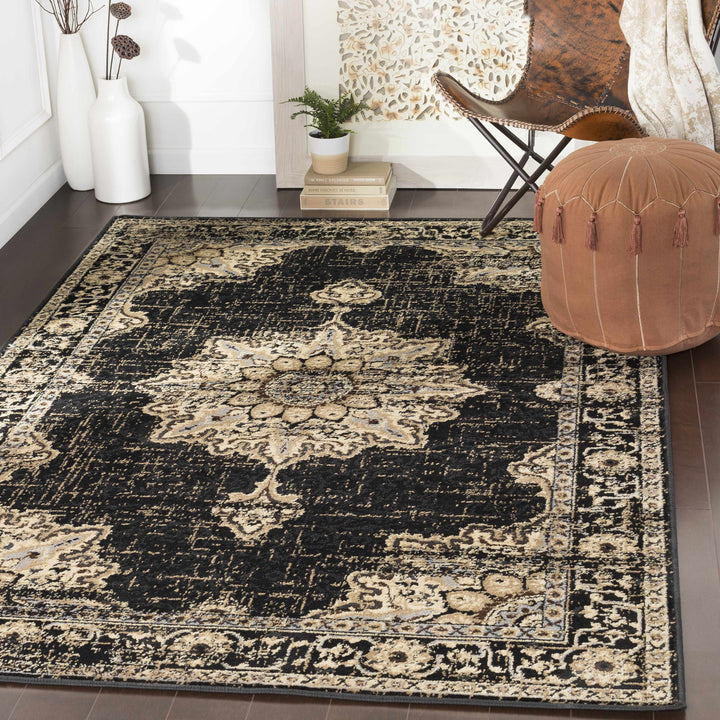 Lostwithiel Black And Beige Traditional Medallion Design Area Rug