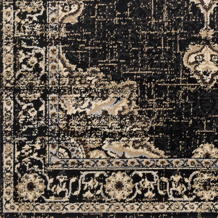Lostwithiel Black And Beige Traditional Medallion Design Area Rug