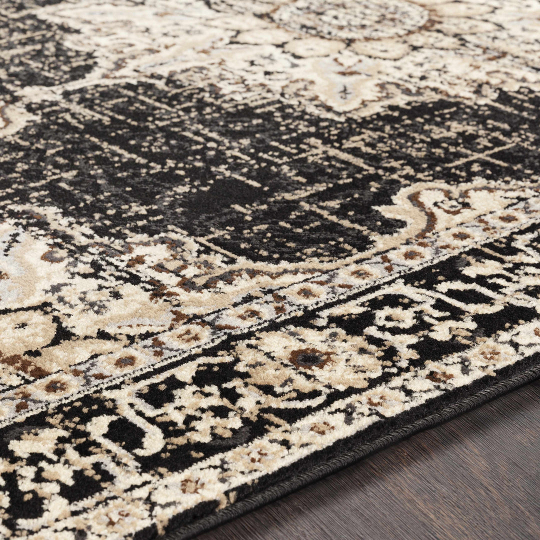 Lostwithiel Black And Beige Traditional Medallion Design Area Rug