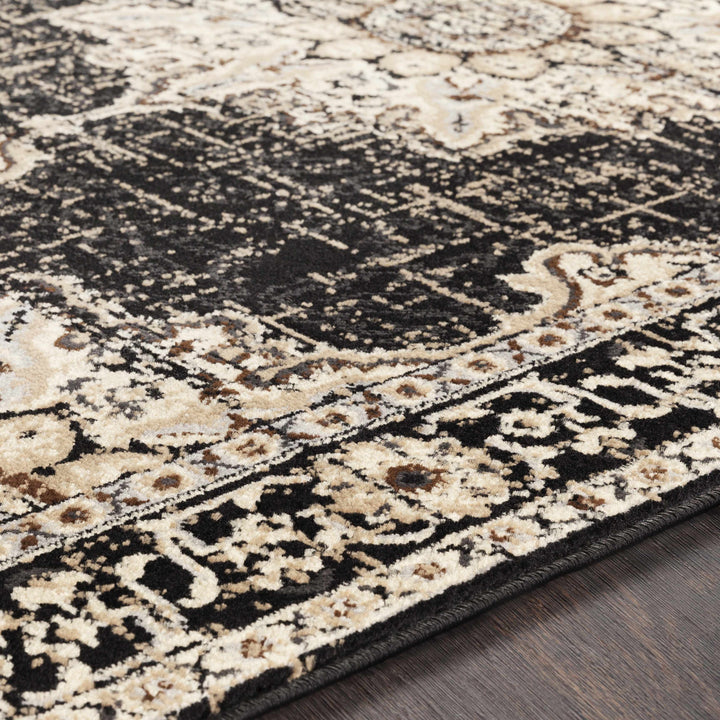 Lostwithiel Black And Beige Traditional Medallion Design Area Rug