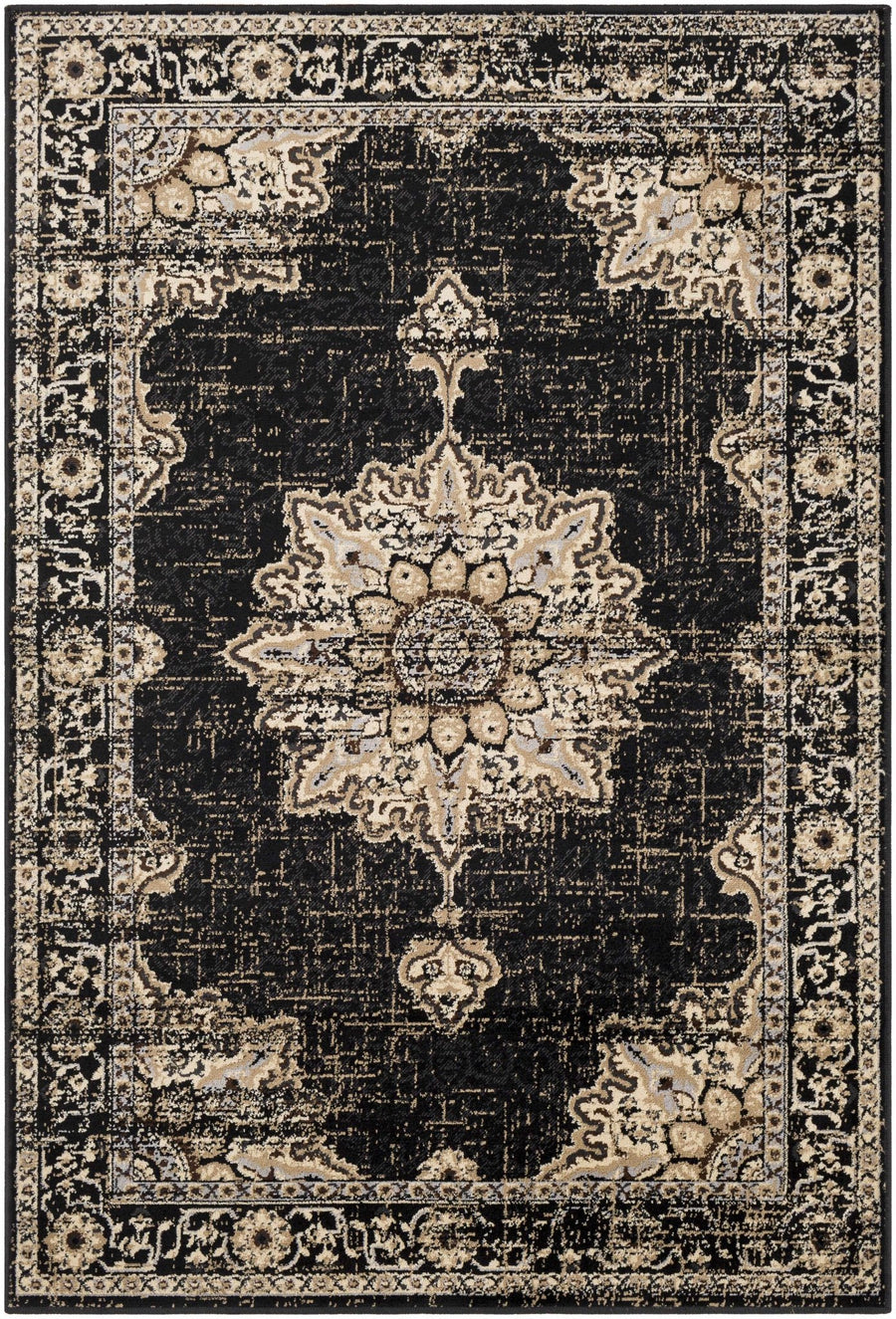 Lostwithiel Black And Beige Traditional Medallion Design Area Rug - The Rug Decor