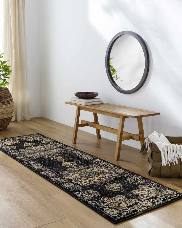 Lostwithiel Black And Beige Traditional Medallion Design Area Rug