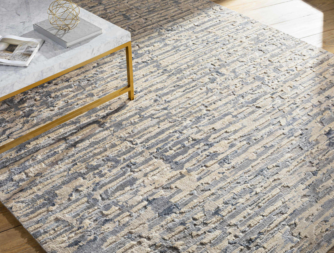 Lowdham Modern Abstract Beige And Blue Hand Knotted Rug