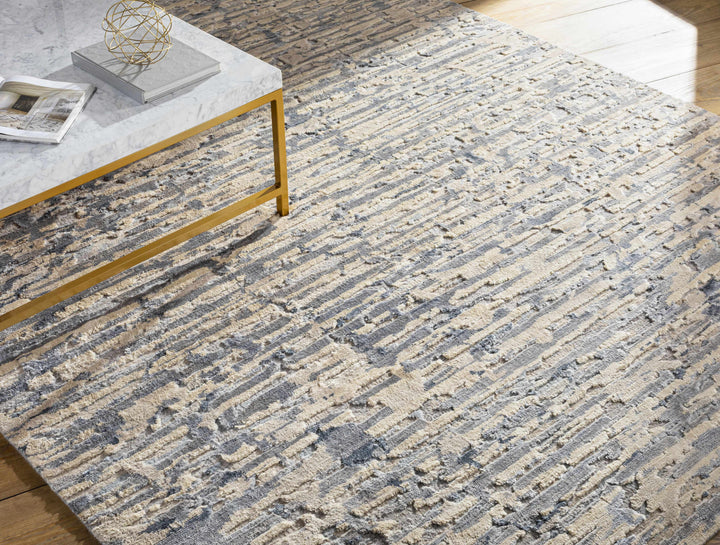 Lowdham Modern Abstract Beige And Blue Hand Knotted Rug