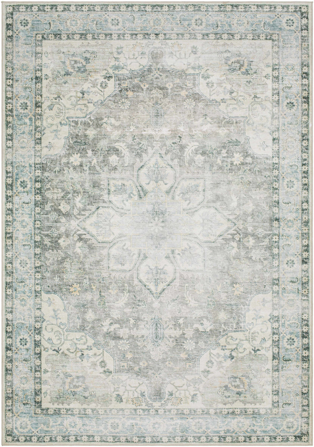 Lotan Traditional Medallion Green Washable Area Rug