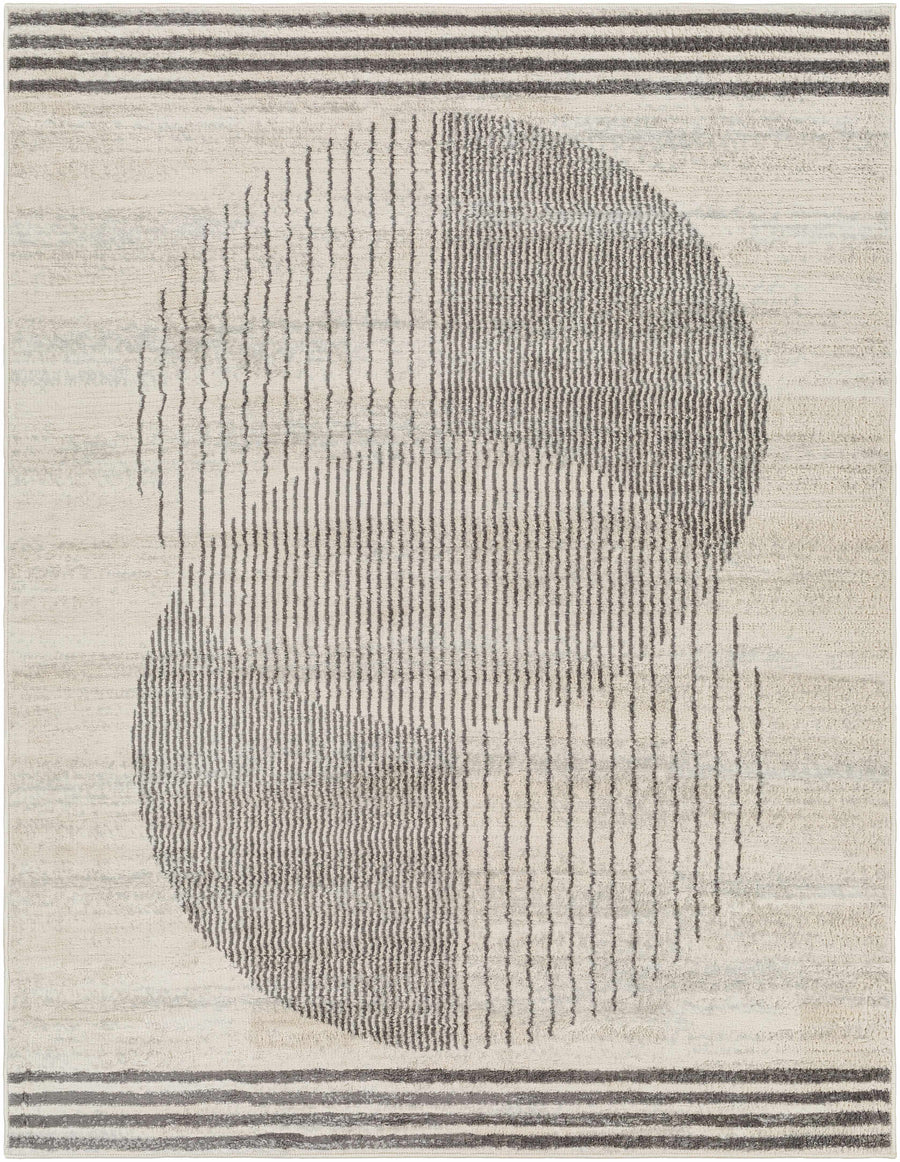 Geometrical area rug with two intersecting gray circle motifs and striped border