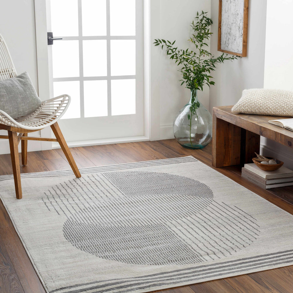 Geometrical area rug with large gray oval pattern and thin striped border on light base