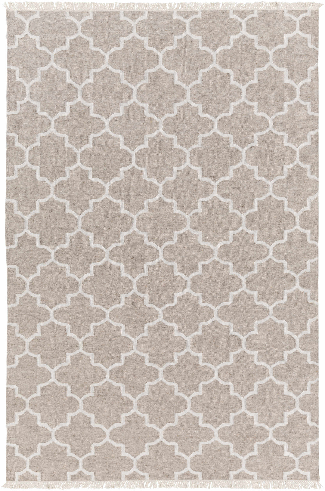 Beige and ivory geometric trellis area rug with border trim