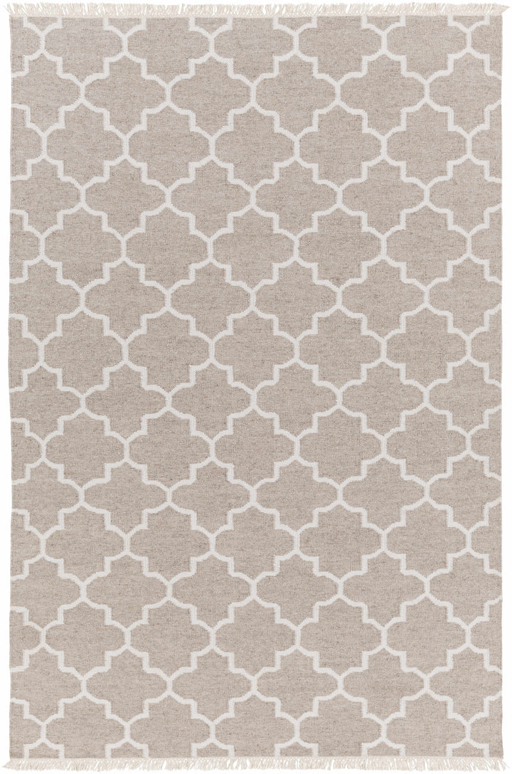 Beige and ivory geometric trellis area rug with border trim