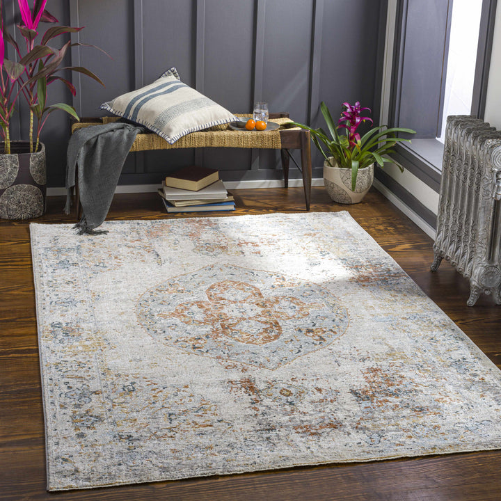 Ely Gray And Ivory Traditional Medallion Design Area Rug