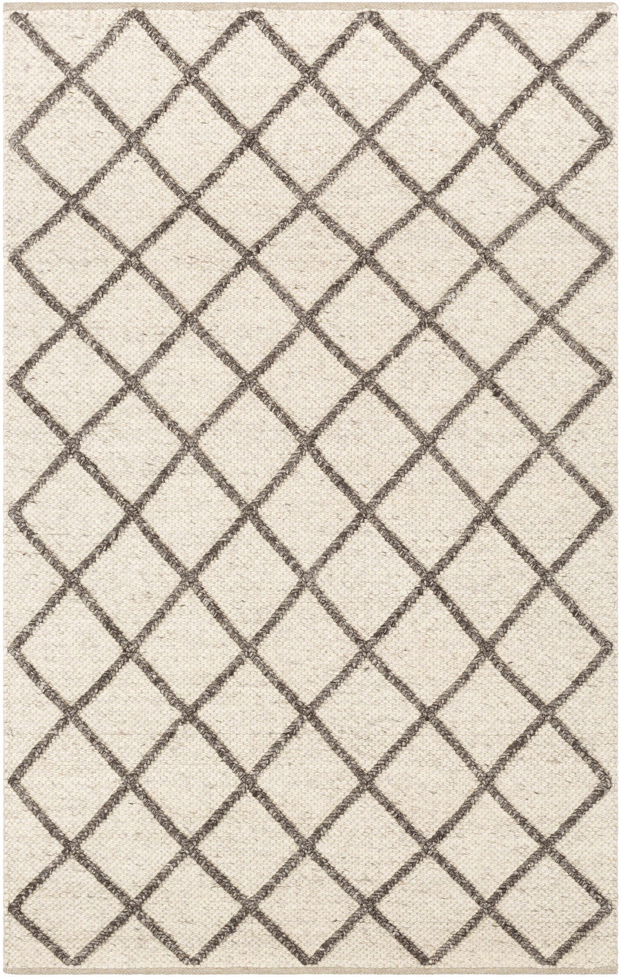 Ivory hand-woven wool area rug with diamond grid geometric pattern and dark outline border