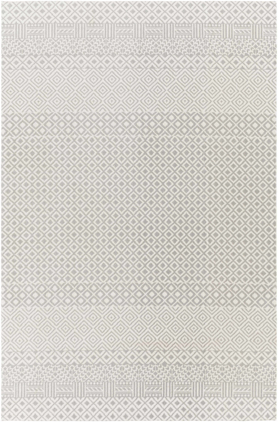 Ivory washable area rug with geometric diamond pattern and border