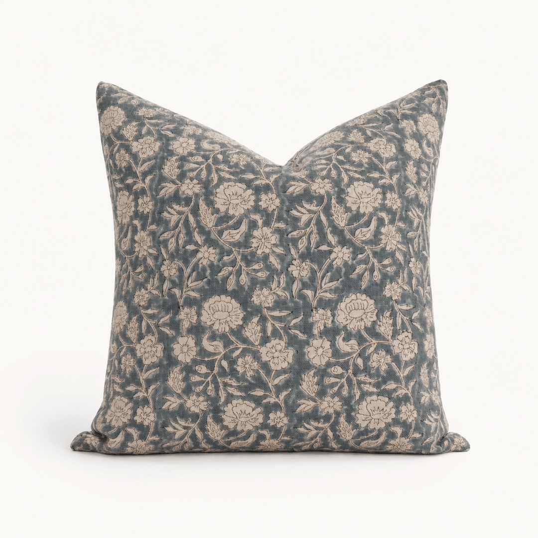 Mabel Hand-Block Floral Linen Pillow Cover - The Rug Decor