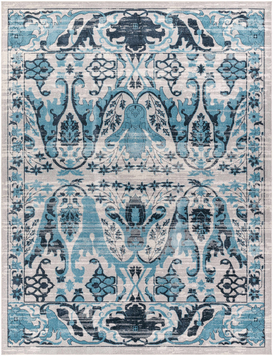 Ivory and blue patterned area rug with ornate medallion and border design