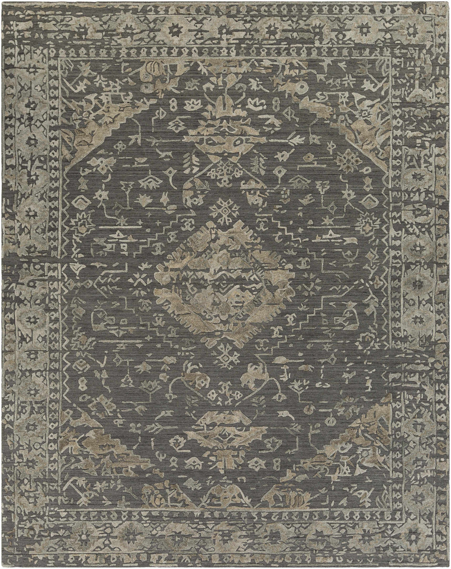 Charcoal and beige hand-loomed area rug with ornate border and medallion pattern