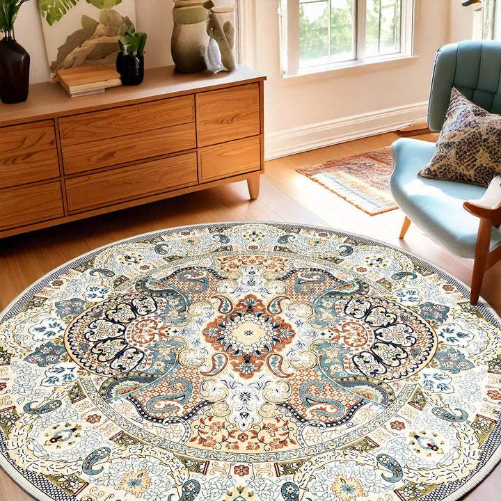 Machine Washable Traditional Beige And Blue Cotton Area Rug - The Rug Decor