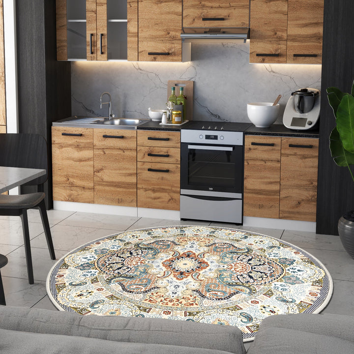 Machine Washable Traditional Beige And Blue Cotton Area Rug - The Rug Decor