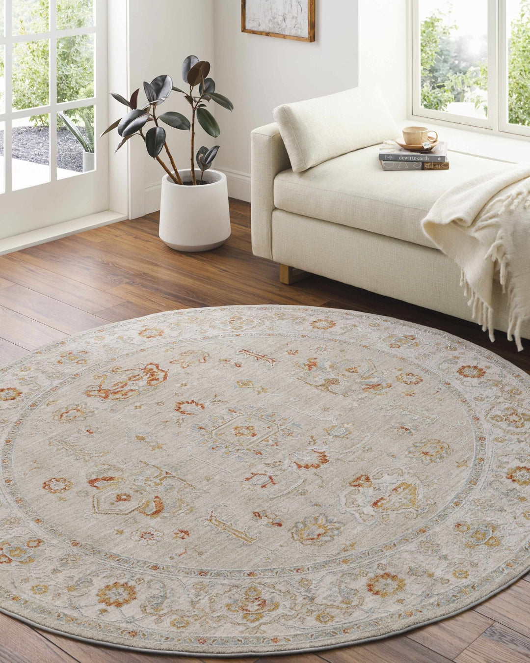 Senter Ivory Machine Rug Machine Woven Ivory Traditional Oushak Design Area Rug