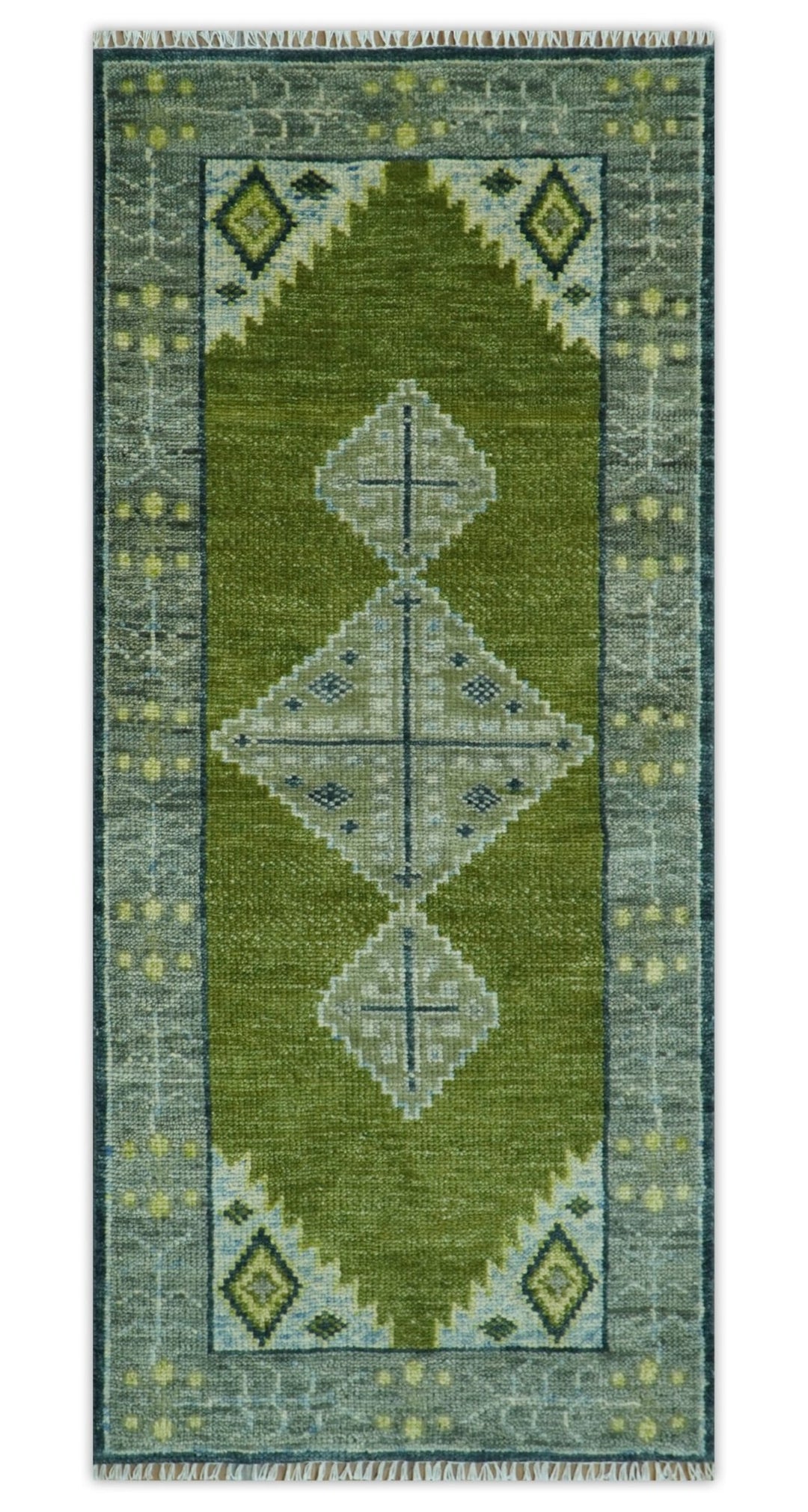 Made to Order Runner Traditional Heriz Green And Gray Hand Knotted Wool Rug - The Rug Decor