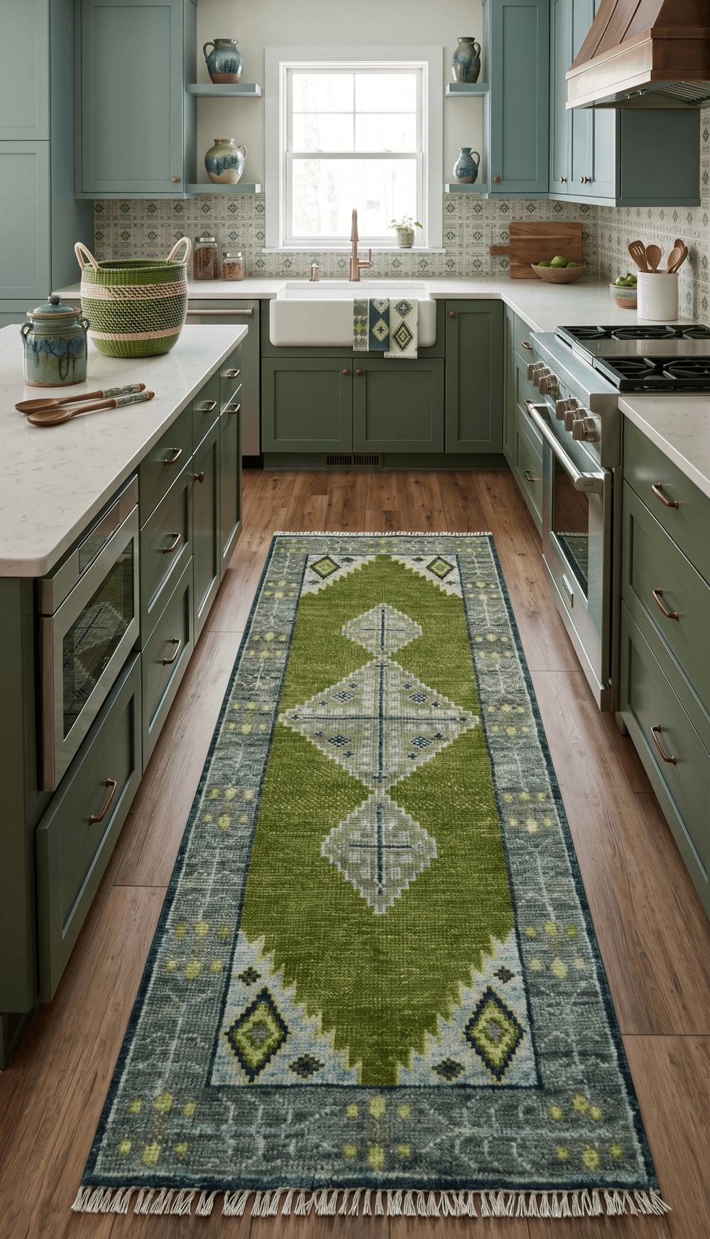 Made to Order Runner Traditional Heriz Green And Gray Hand Knotted Wool Rug - The Rug Decor