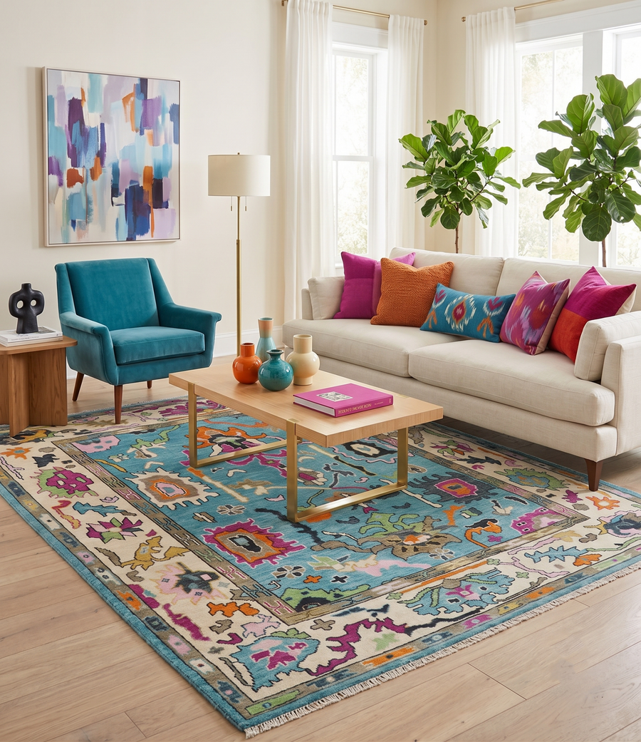 Made to Order Traditional Blue and Ivory Vibrant colorful Hand knotted Oushak wool area rug - The Rug Decor