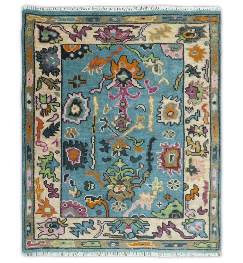 Made to Order Traditional Blue and Ivory Vibrant colorful Hand knotted Oushak wool area rug - The Rug Decor