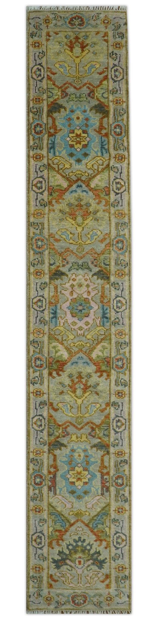 Made to Order Traditional Olive And Blue Hand Knotted Runner Wool Rug - The Rug Decor