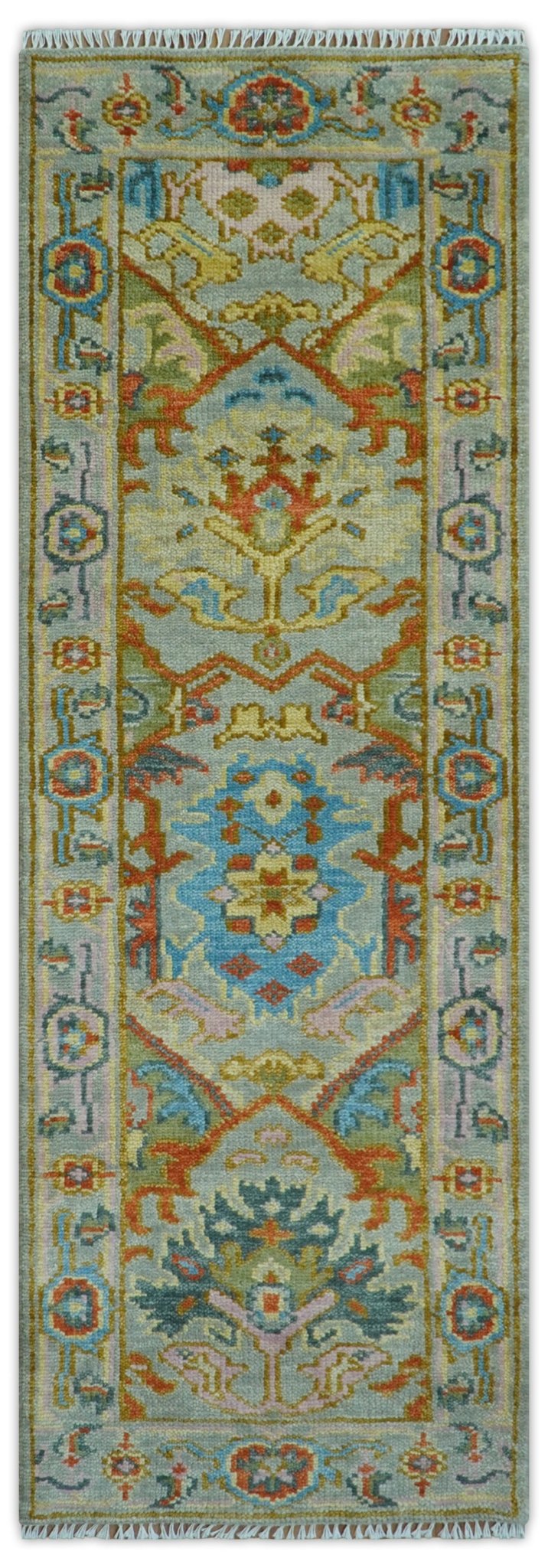 Made to Order Traditional Olive And Blue Hand Knotted Runner Wool Rug - The Rug Decor