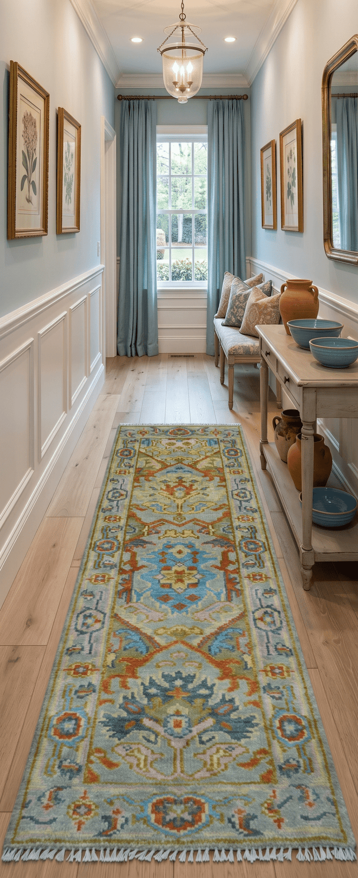 Made to Order Traditional Olive And Blue Hand Knotted Runner Wool Rug - The Rug Decor