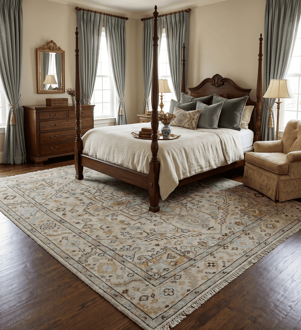 Made to Order Traditional Turkish Design Beige And Blue Wool Rug - The Rug Decor