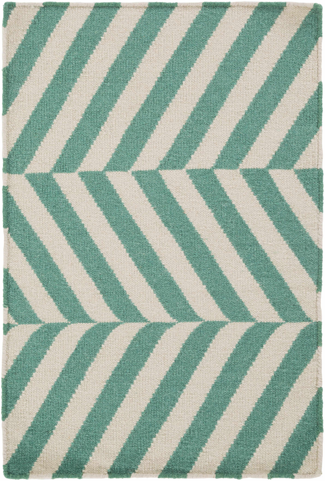 Woven area rug with green and ivory chevron stripes; visible bound edges.