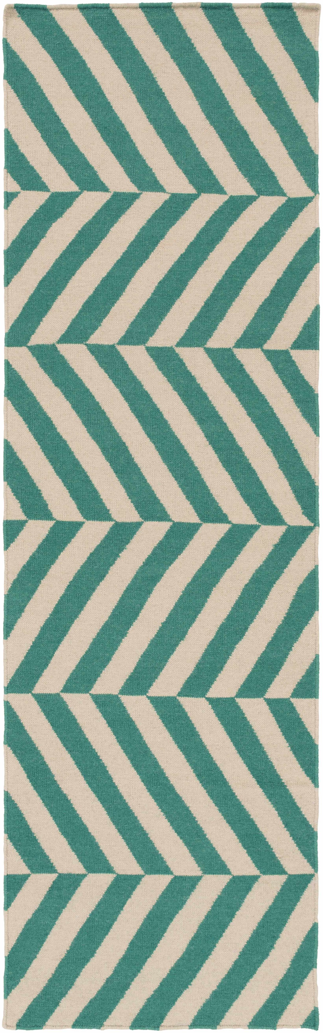 Rectangular rug with green and ivory vertical chevron stripes and geometric blocks.