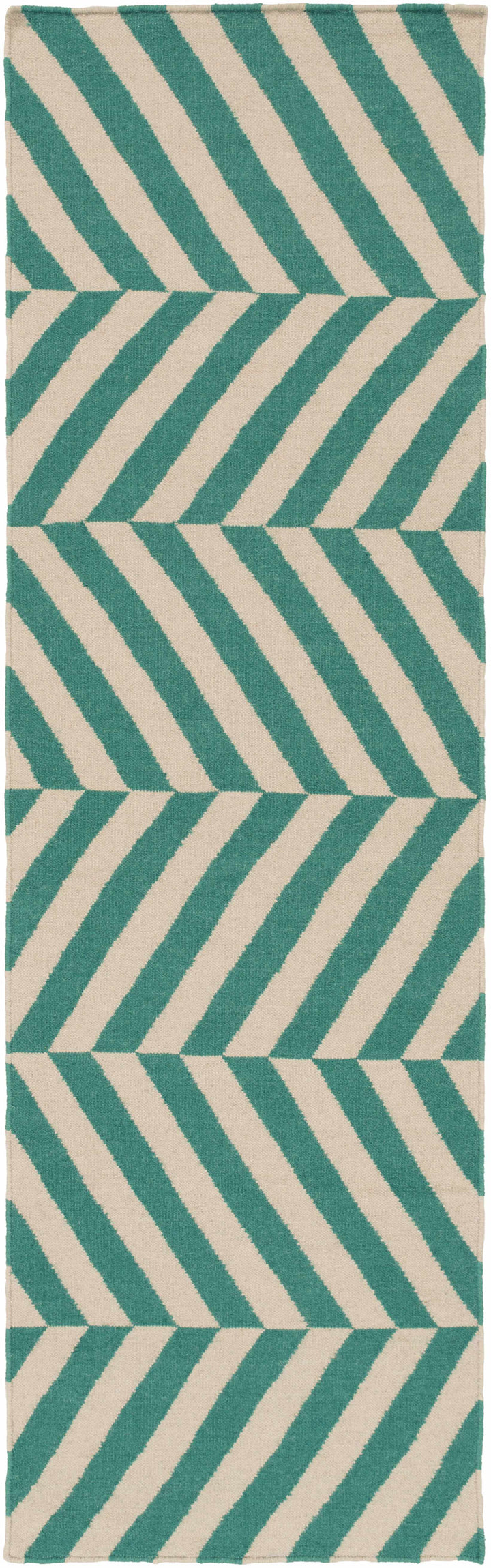 Rectangular rug with green and ivory vertical chevron stripes and geometric blocks.