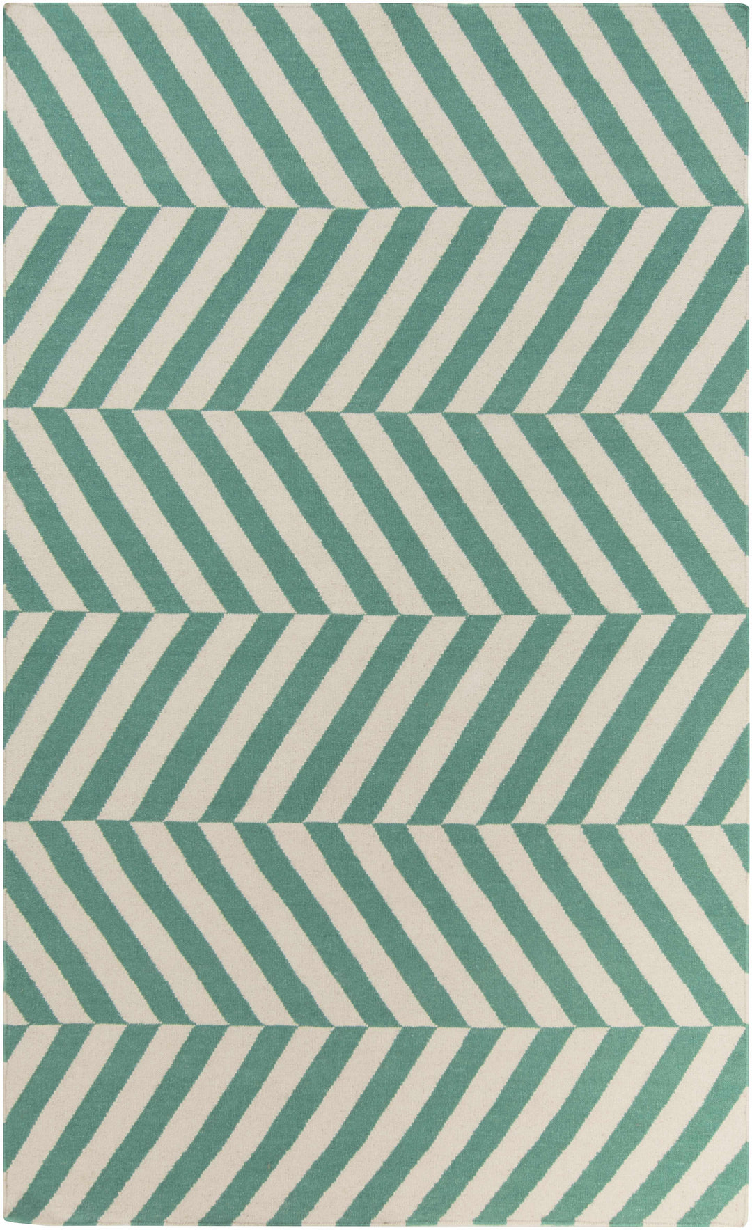 Hand-woven area rug with green and ivory chevron stripes pattern.