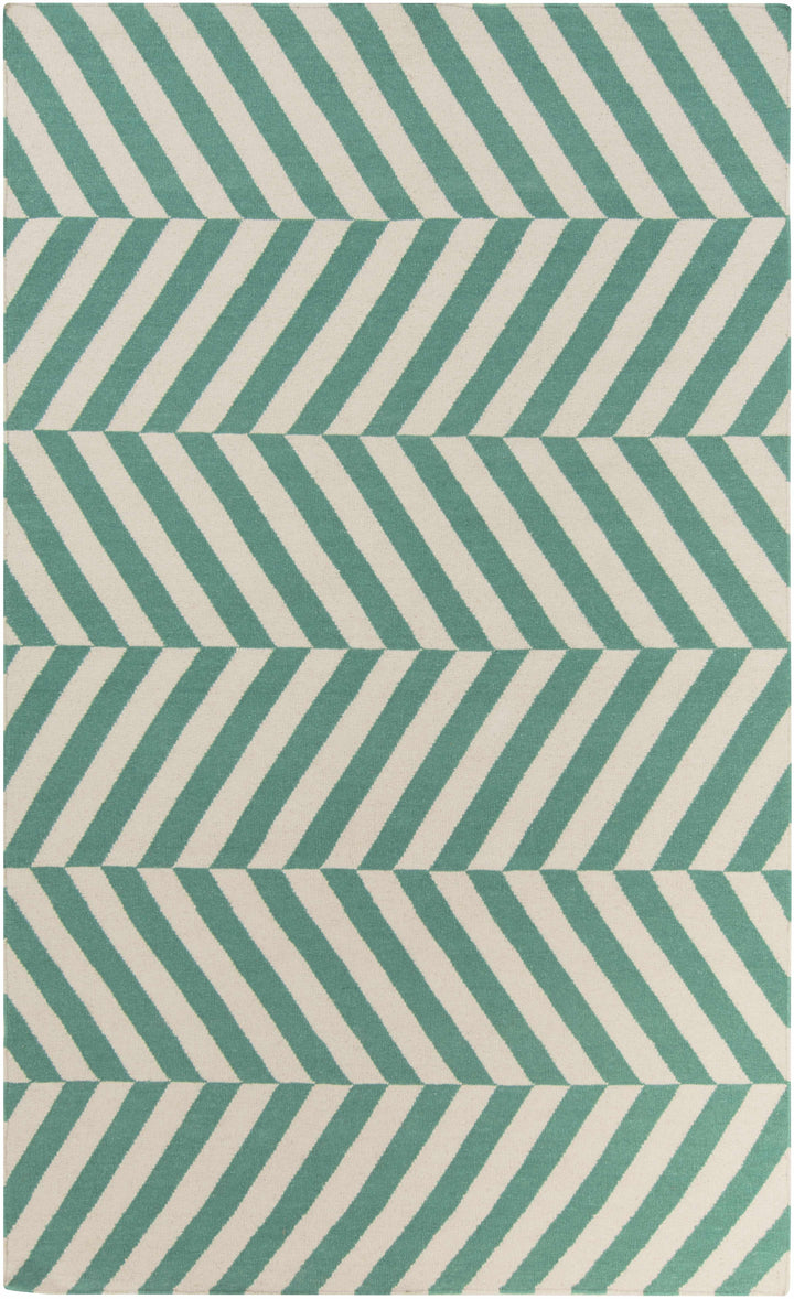 Hand-woven area rug with green and ivory chevron stripes pattern.