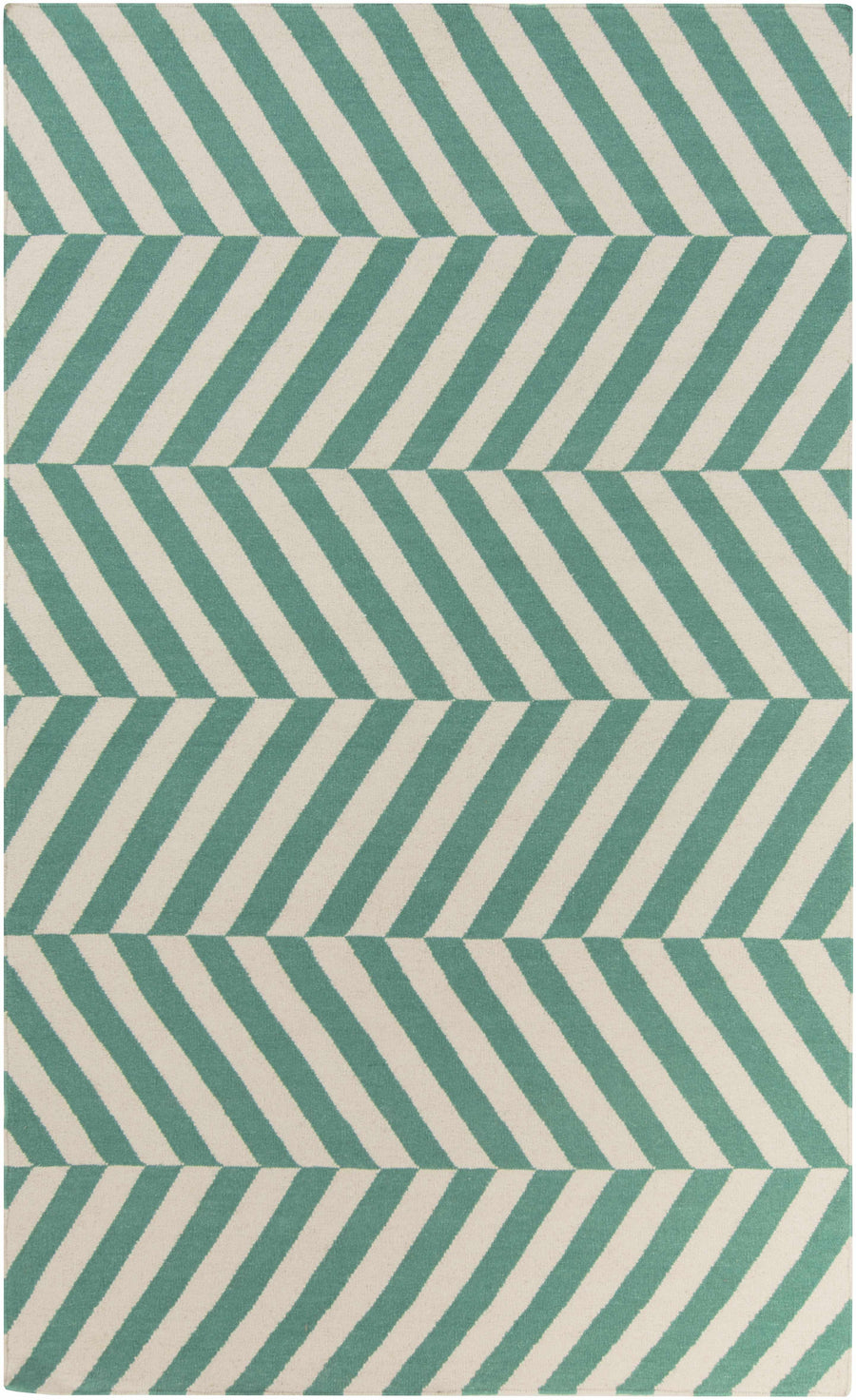 Hand-woven area rug with green and ivory chevron stripes pattern.