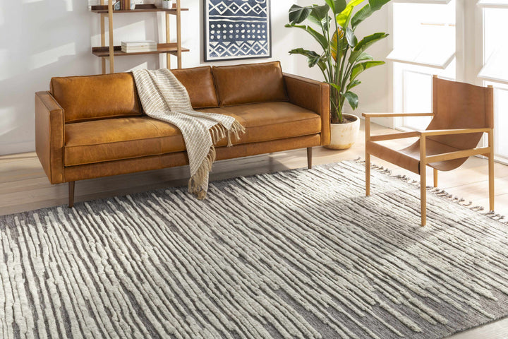 Mahaffey Ivory And Gray Modern Style Hand Knotted Area Rug