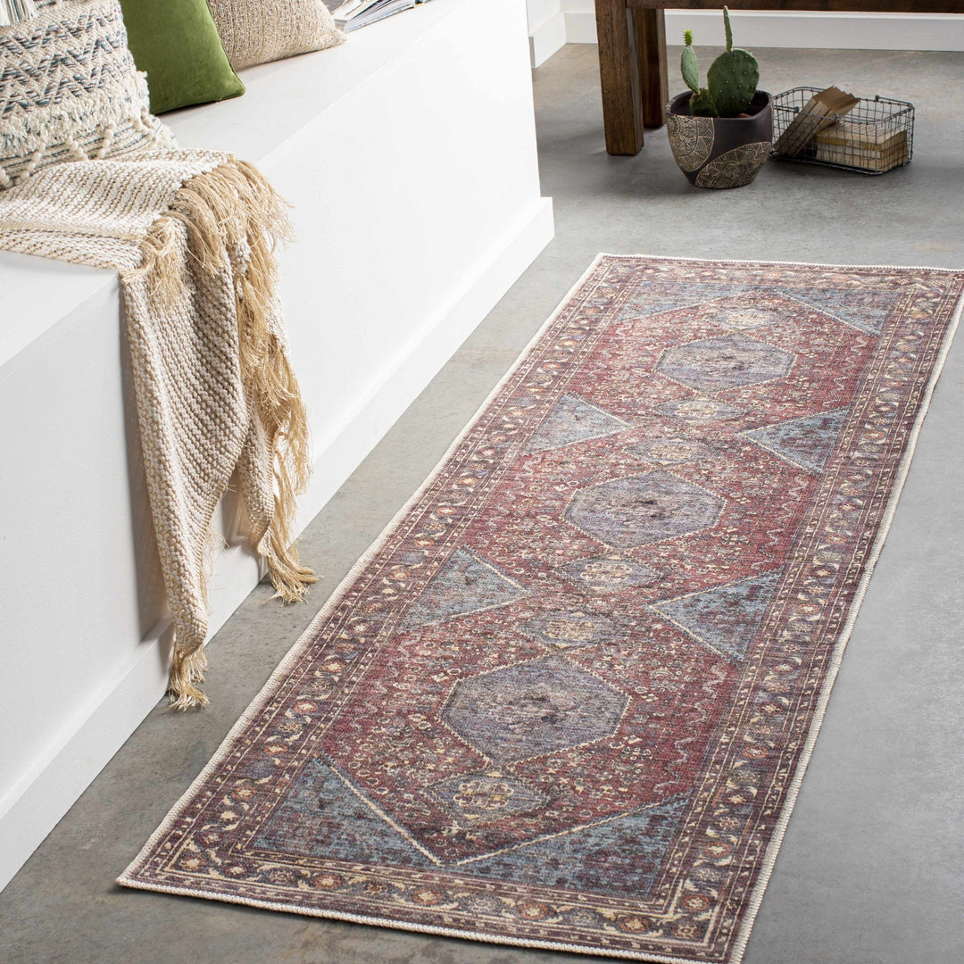 Maplesville Traditional Style Brown And Blue Washable Area Rug - The Rug Decor