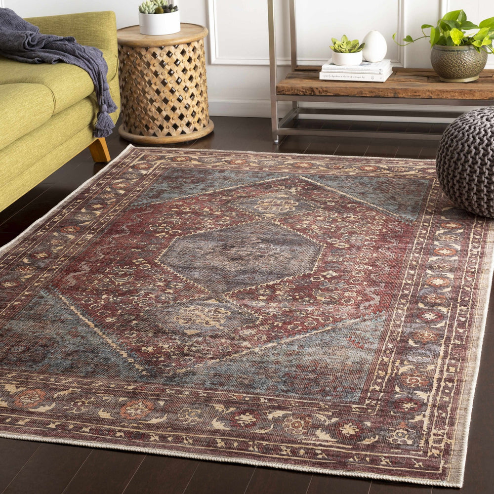 Maplesville Traditional Style Brown And Blue Washable Area Rug - The Rug Decor