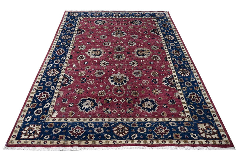 Maroon and Blue Hand Knotted Traditional Oriental Oushak 10x14 Wool and Silk area Rug - The Rug Decor