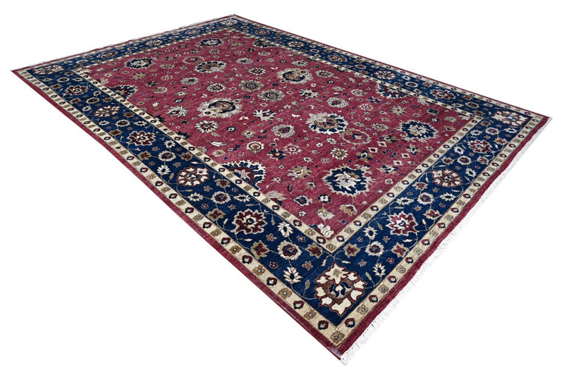 Maroon and Blue Hand Knotted Traditional Oriental Oushak 10x14 Wool and Silk area Rug - The Rug Decor