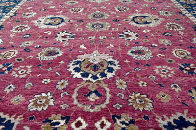 Maroon and Blue Hand Knotted Traditional Oriental Oushak 10x14 Wool and Silk area Rug - The Rug Decor