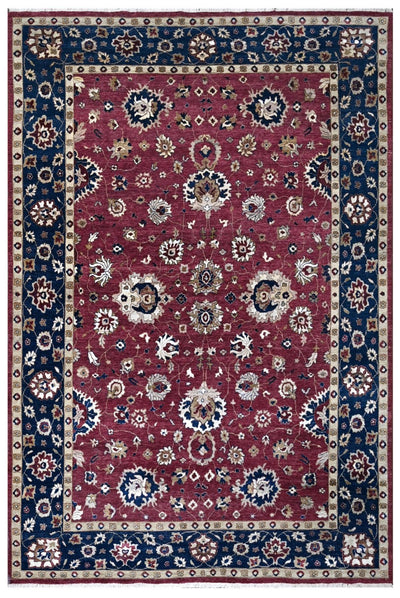 Maroon and Blue Hand Knotted Traditional Oriental Oushak 10x14 Wool and Silk area Rug - The Rug Decor