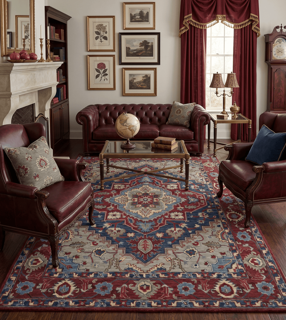 Maroon and Blue Hand Tufted Traditional Medallion Multi Size wool Area Rug - The Rug Decor