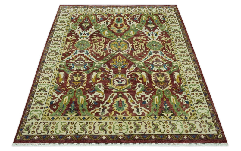 Maroon and Green Hand Knotted Traditional Large Design Multi Size wool area rug - The Rug Decor