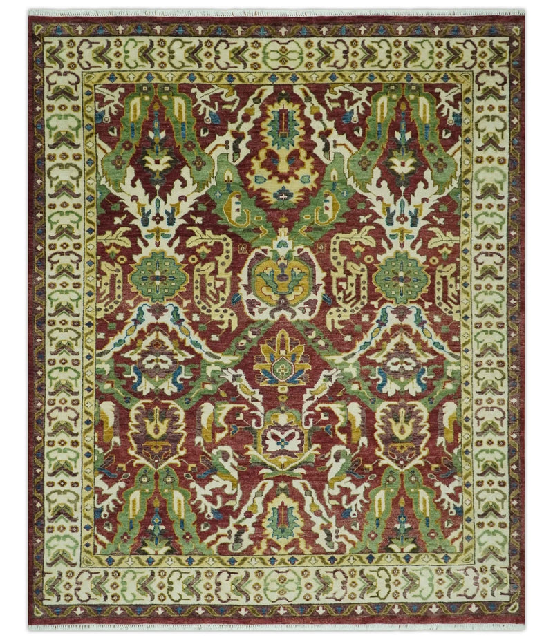 Maroon and Green Hand Knotted Traditional Large Design Multi Size wool area rug - The Rug Decor